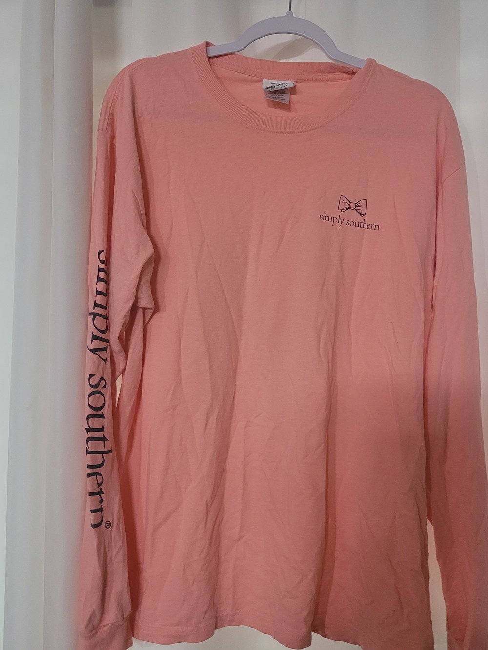 Simply Southern Long Sleeve Tee in Peach Pink with Logo Sleeve Print